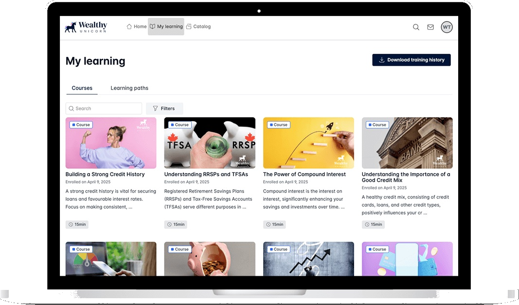 Wealthy Unicorn learning dashboard shown on a laptop